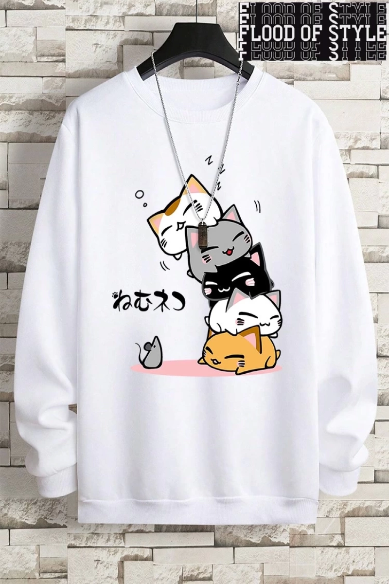 Hip Hop Harajuku Vintage Tarzı  Sevimli Yığılmış Kediler  Gri