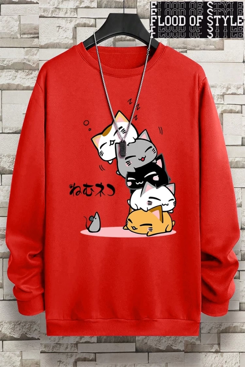 Hip Hop Harajuku Vintage Tarzı  Sevimli Yığılmış Kediler  Gri