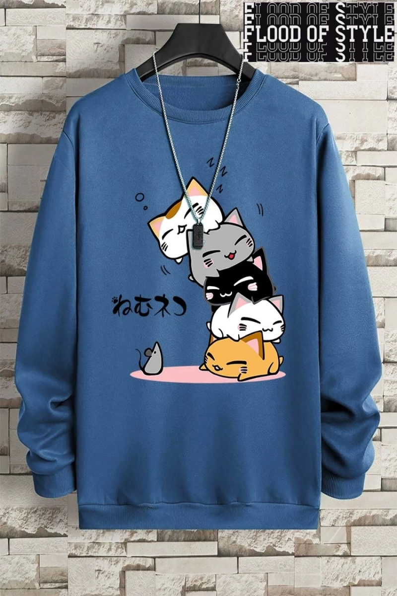 Hip Hop Harajuku Vintage Tarzı  Sevimli Yığılmış Kediler  Gri