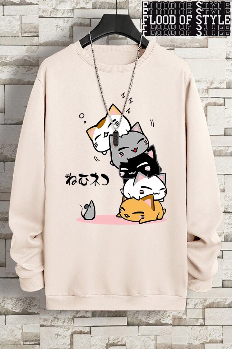 Hip Hop Harajuku Vintage Tarzı  Sevimli Yığılmış Kediler  Gri