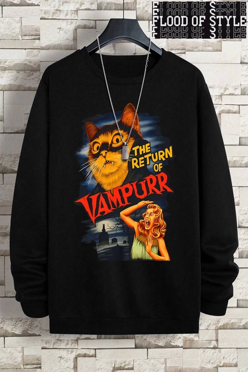 Hip Hop Harajuku Vintage Tarzı  Vampurr kedi komik çizgi roman  Gri