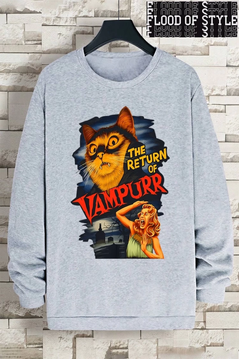 Hip Hop Harajuku Vintage Tarzı  Vampurr kedi komik çizgi roman  Gri