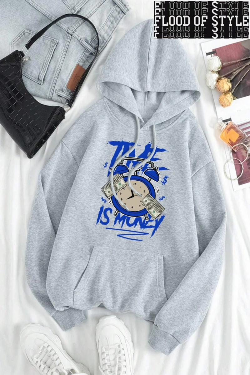 Hip Hop Harajuku Vintage Tarzı  Zaman para baskı Hoodies  Gri
