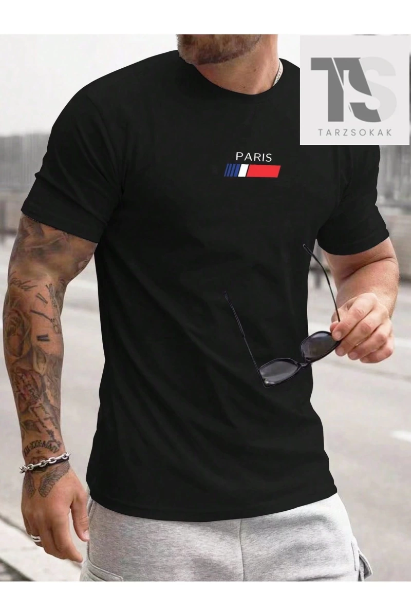Homme Erkek Slim Fit Yuvarlak Yaka Kısa Kollu Yazı Baskılı Tişört
