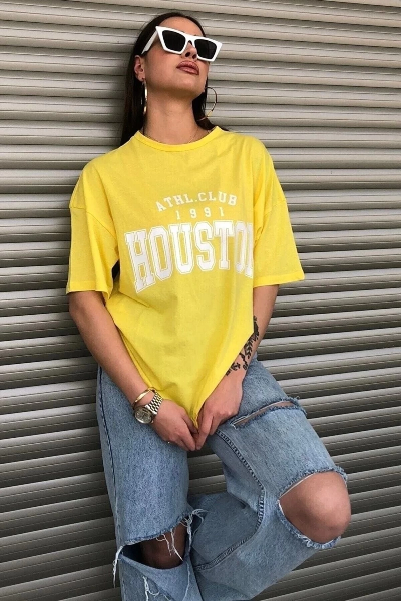 Houston Baskılı Kadın Oversize Sarı T-shirt