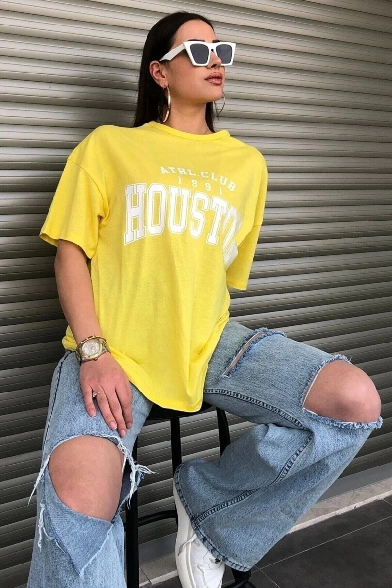 Houston Baskılı Kadın Oversize Sarı T-shirt
