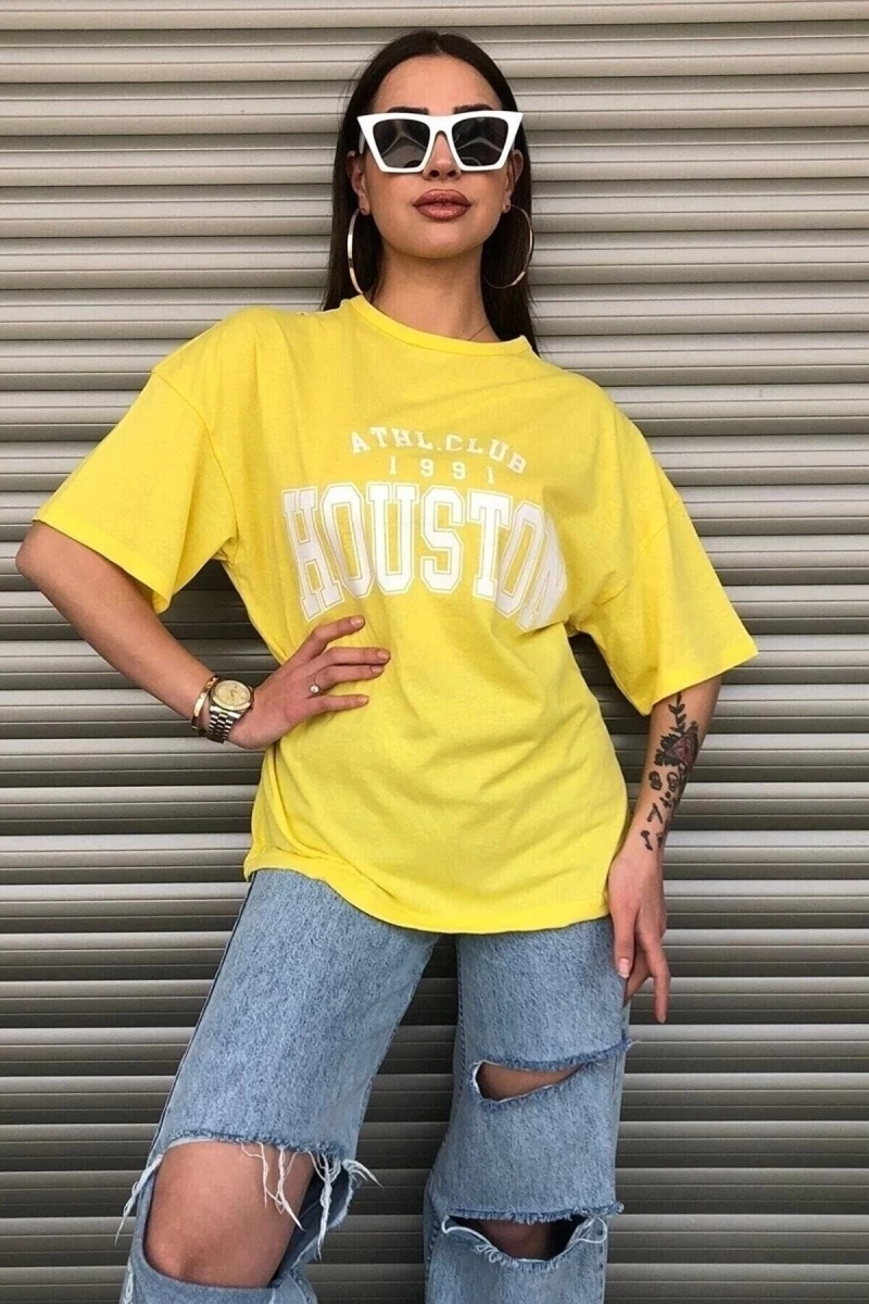 Houston Baskılı Kadın Oversize Sarı T-shirt