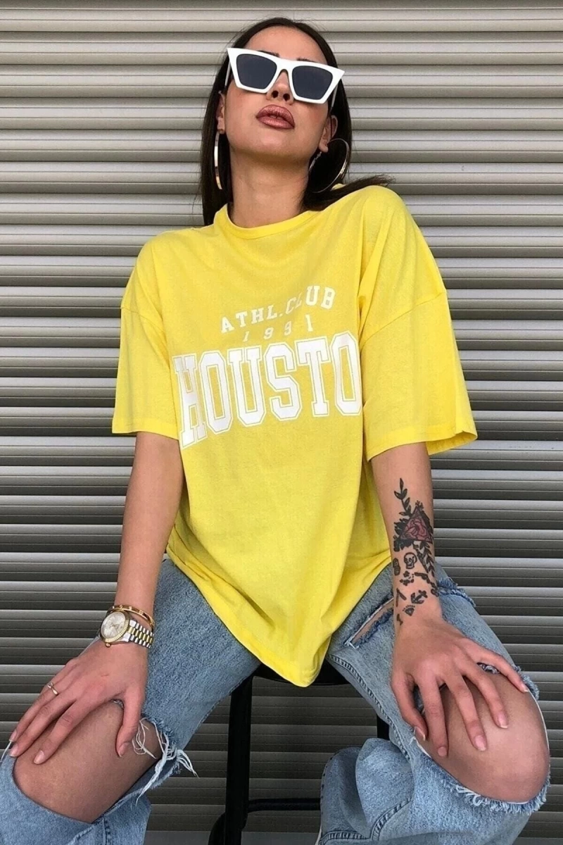 Houston Baskılı Kadın Oversize Sarı T-shirt