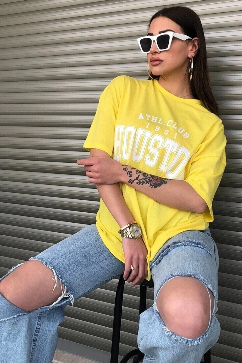 Houston Baskılı Kadın Oversize Sarı T-shirt