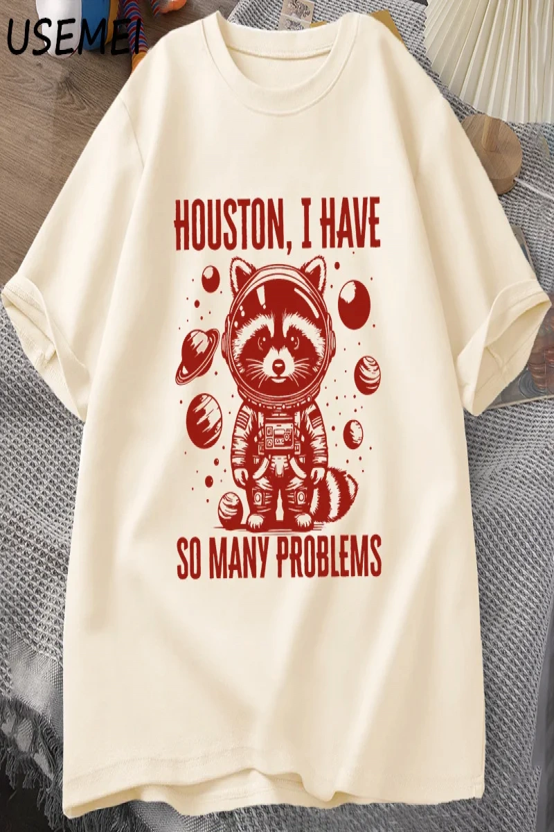 Houston o kadar çok sorun var T-shirt erkekler komik rakun uzayda Vintage hayvan uzay T Shirt 2851