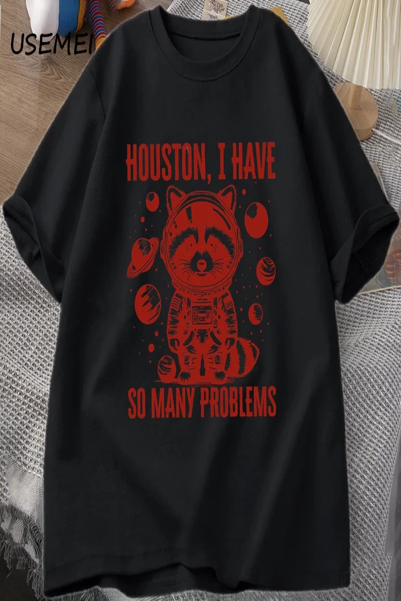 Houston o kadar çok sorun var T-shirt erkekler komik rakun uzayda Vintage hayvan uzay T Shirt 2851