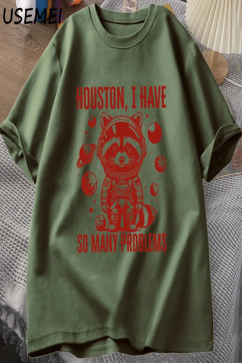 Houston o kadar çok sorun var T-shirt erkekler komik rakun uzayda Vintage hayvan uzay T Shirt 2851