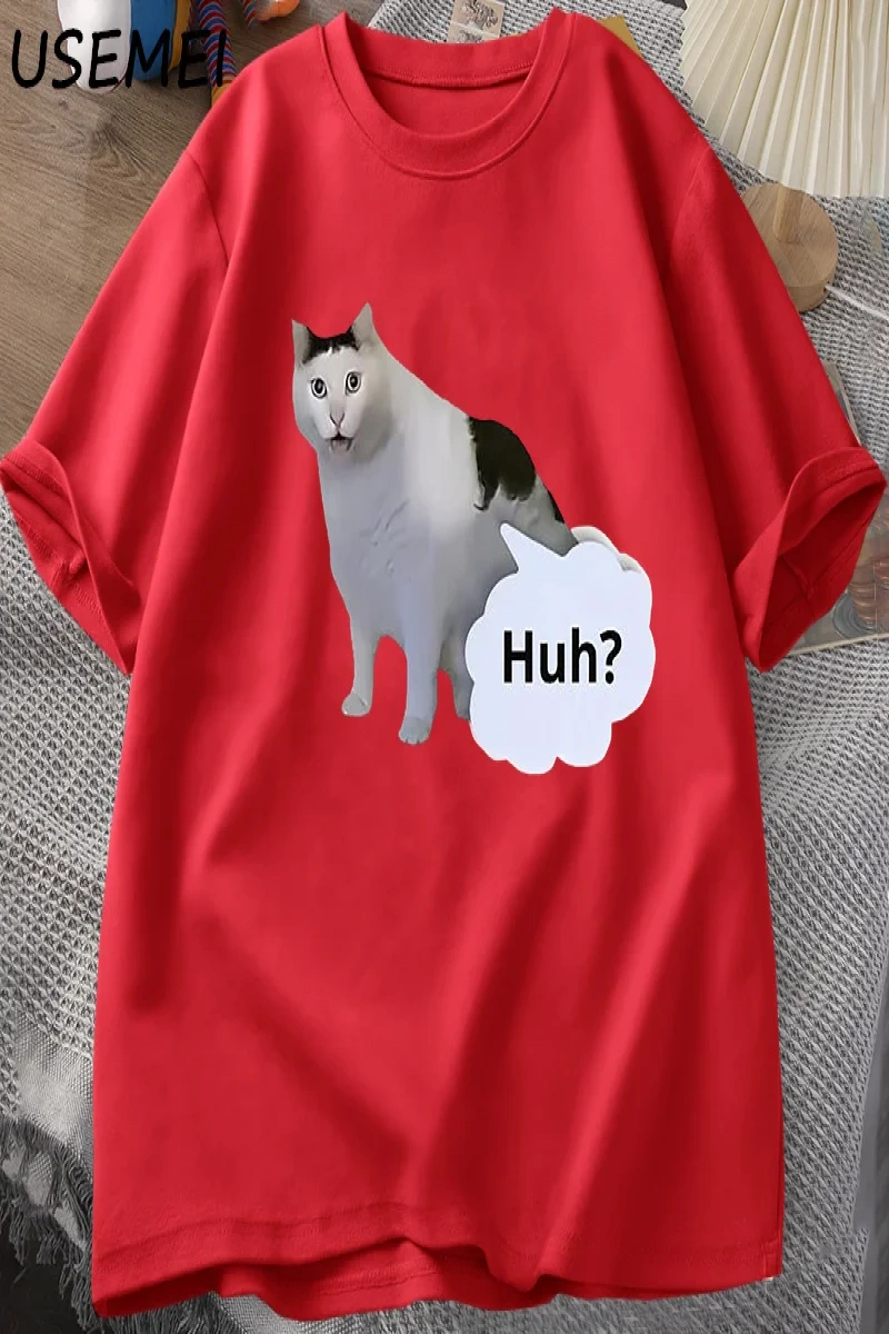 Huh Kedi Komik Meme T Shirt Erkek Kadın Absurd Weirdcore T-Shirt Rahat Yuvarlak Boyun Pamuk K 3031