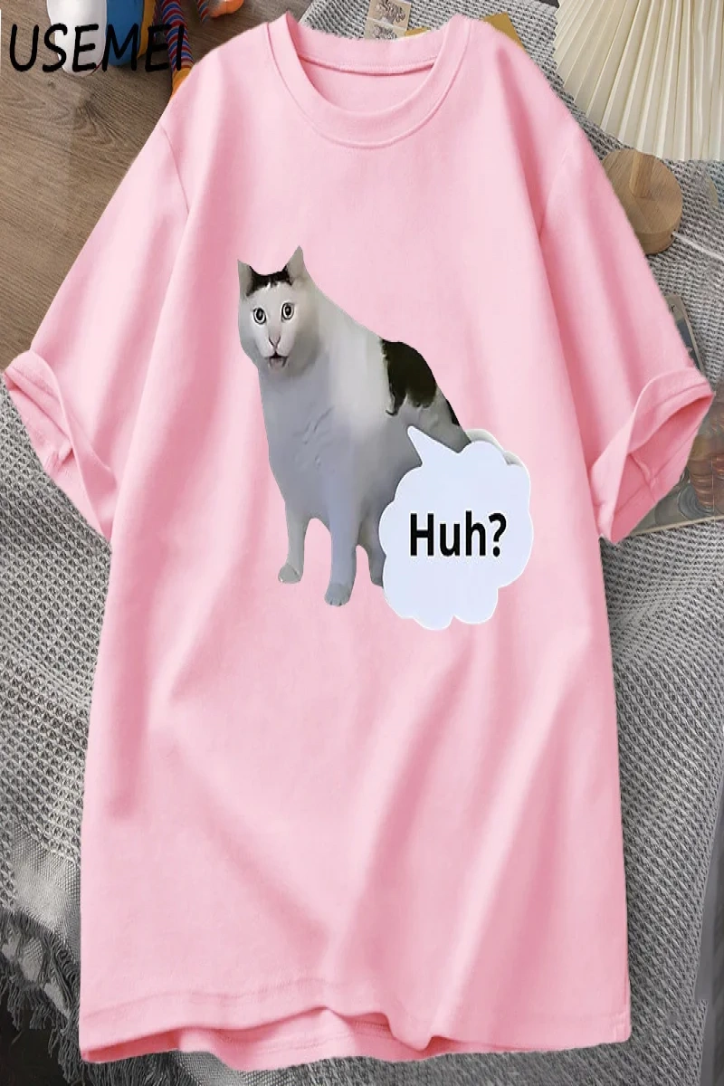 Huh Kedi Komik Meme T Shirt Erkek Kadın Absurd Weirdcore T-Shirt Rahat Yuvarlak Boyun Pamuk K 3031