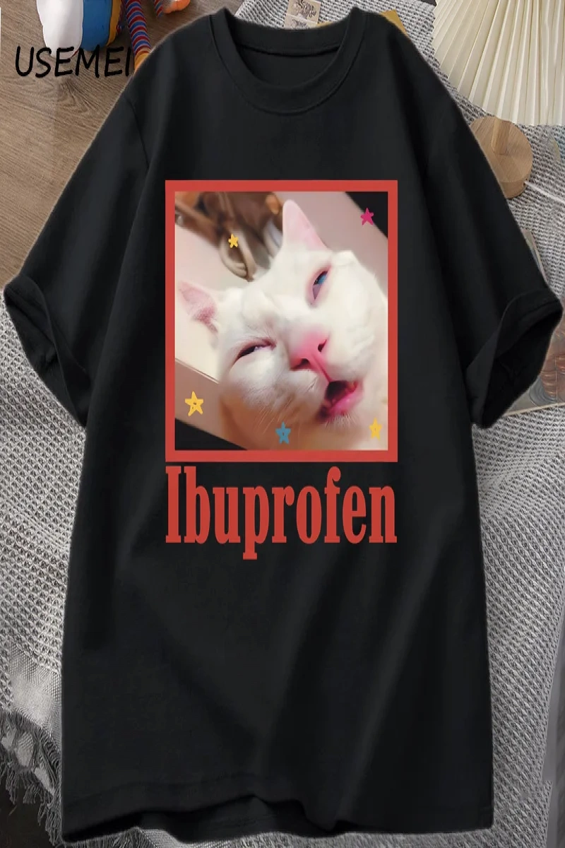 Ibuprofen Kedi Meme Tshirt Komik Kedi Grafik Tee Sevimli Kedi Sevgilisi Pamuklu Tişört Rahat  2808
