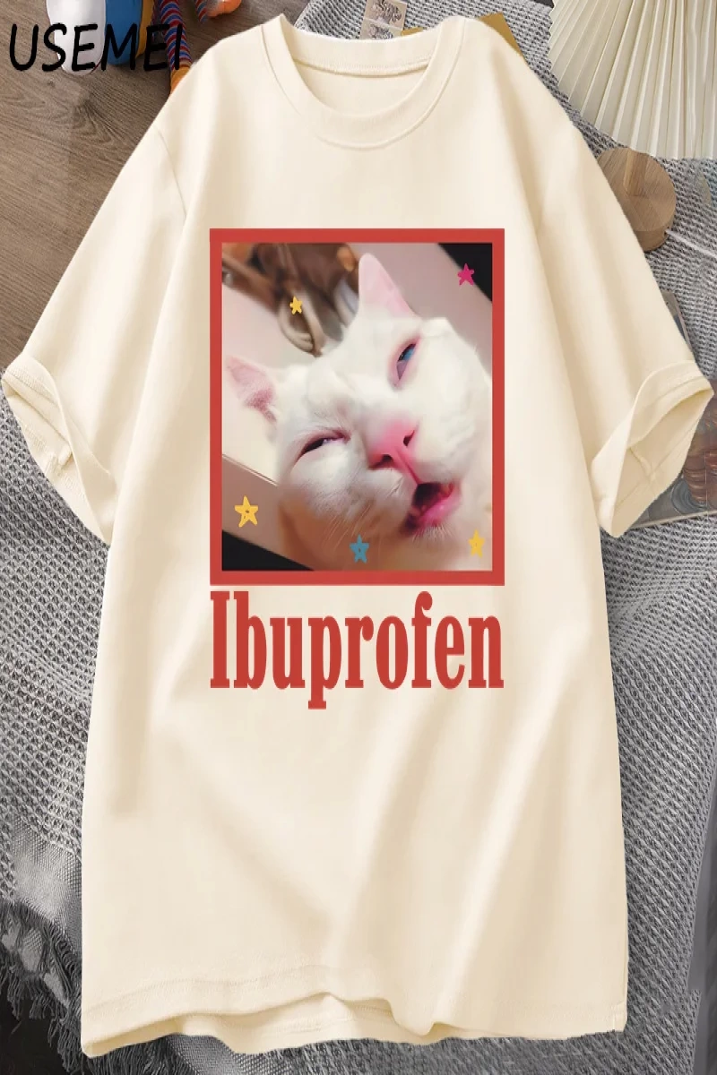 Ibuprofen Kedi Meme Tshirt Komik Kedi Grafik Tee Sevimli Kedi Sevgilisi Pamuklu Tişört Rahat  2808