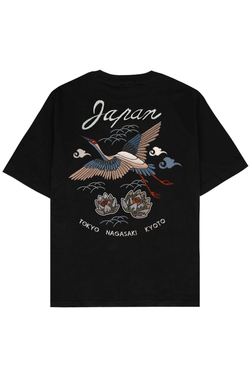 Japan Crane Siyah Oversize Unisex T-shirt