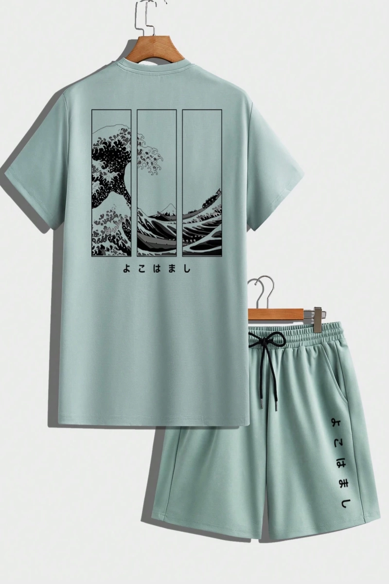 Japon Ukiyo-E Dalgası Desen Erkek Günlük Standart Beden Gri Yeşil
