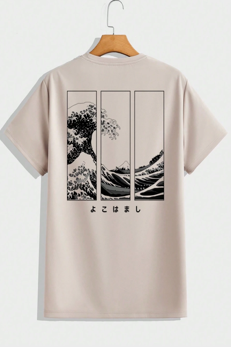 Japon Ukiyo-E Dalgası Desen Erkek Günlük Standart Beden Gri Yeşil