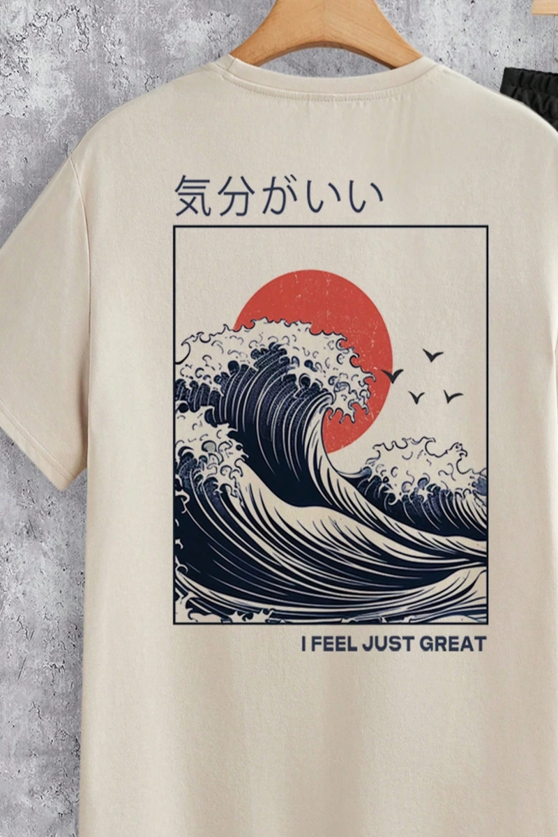 Japon Ukiyo-E Gün Batımı Dalgaları Baskılı Erkek Standart Beden Örme Haki