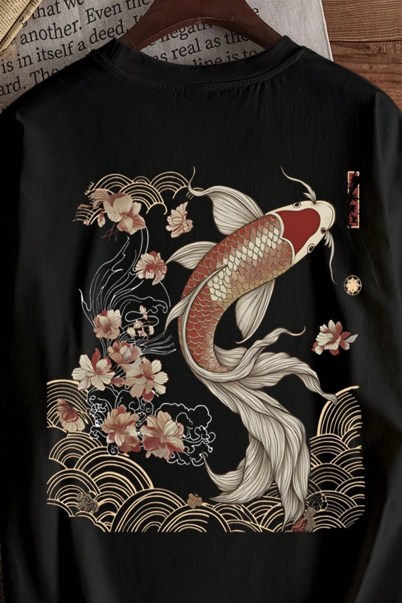 Japon Ukiyo-E Koi Balığı Baskılı Rahat Siyah Tişört Erkekler İçin