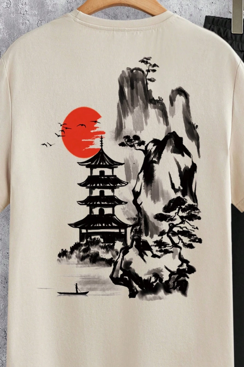 Japon Vintage Mürekkep Boyama Gün Batımı ve Manzara Baskılı Erkek Standart Be