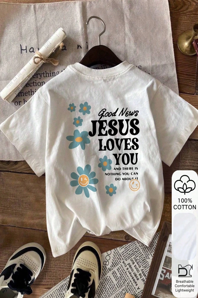 JESUS LOVES YOU & Çiçek Baskı, Yaz Kadın %100 Pamuklu Kısa Kollu, Günlük Kadın Giyim, Günlük
