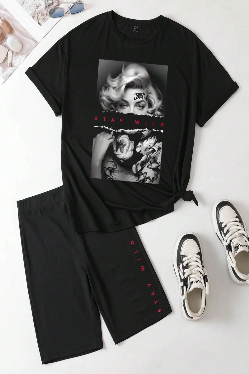 Kadın 2Lİ TAKIM OVERSİZE Trend T-shirt Şort Model 4992