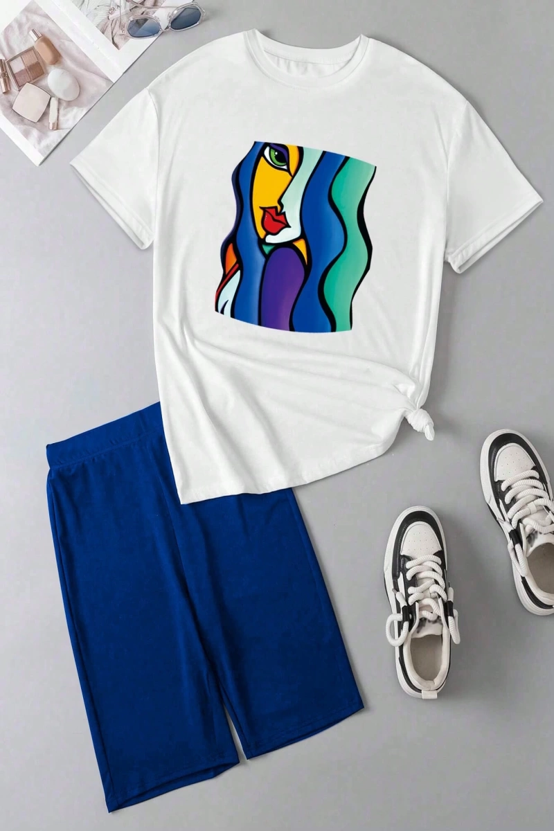 Kadın 2Lİ TAKIM OVERSİZE Trend T-shirt Şort Model 5018