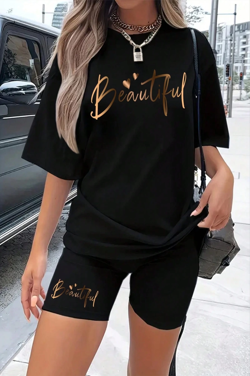 Kadın 2Lİ TAKIM OVERSİZE Trend T-shirt Şort Model 5058