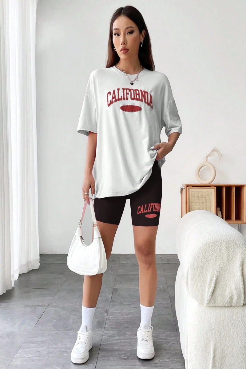 Kadın 2Lİ TAKIM OVERSİZE Trend T-shirt Şort Model 5074