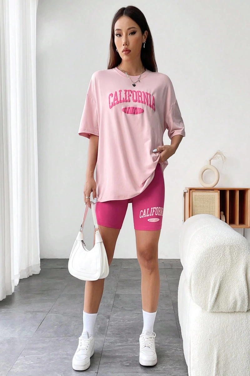 Kadın 2Lİ TAKIM OVERSİZE Trend T-shirt Şort Model 5074