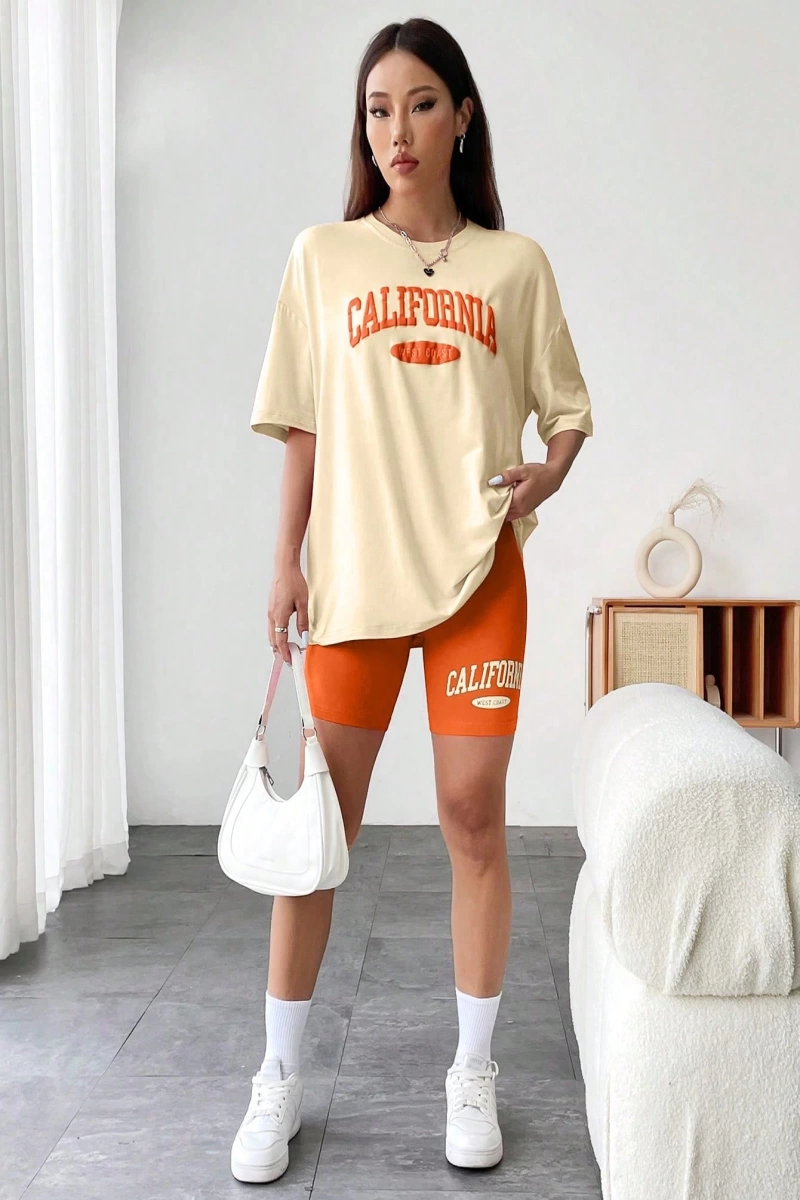 Kadın 2Lİ TAKIM OVERSİZE Trend T-shirt Şort Model 5096