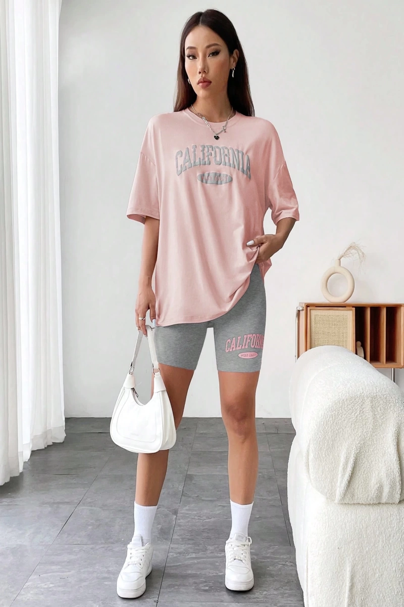 Kadın 2Lİ TAKIM OVERSİZE Trend T-shirt Şort Model 5096