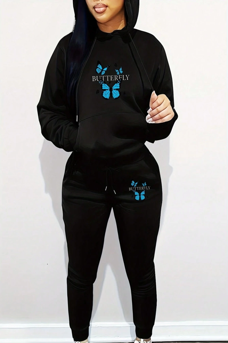 Kadın 2 Parça Takım Rahat Kelebek Baskılı Sweatshirt Ve Pantolon
