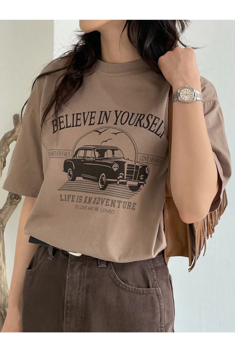 Kadın Açık Kahve Belıeve Baskılı Bisiklet Yaka Tshirt