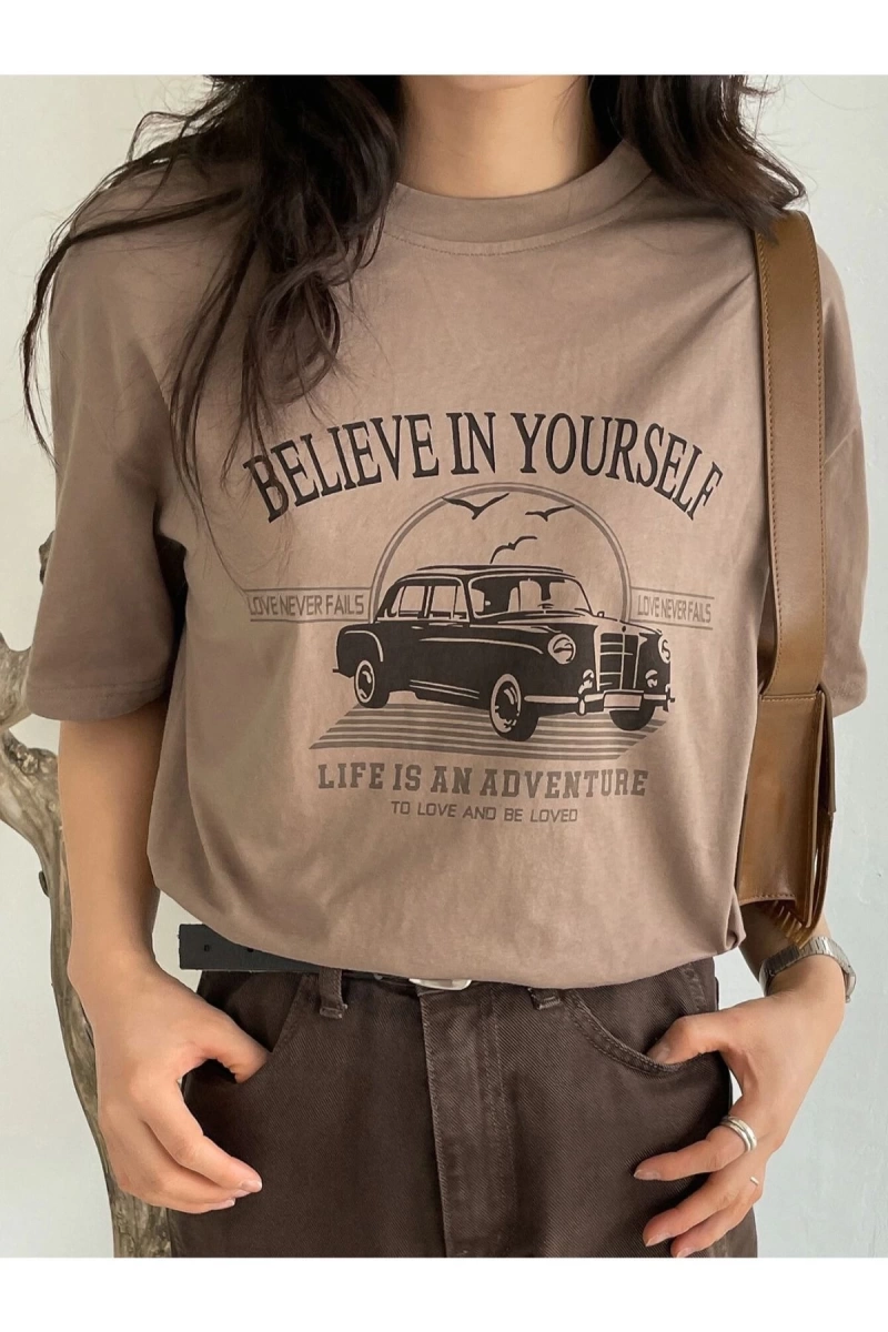 Kadın Açık Kahve Belıeve Baskılı Bisiklet Yaka Tshirt