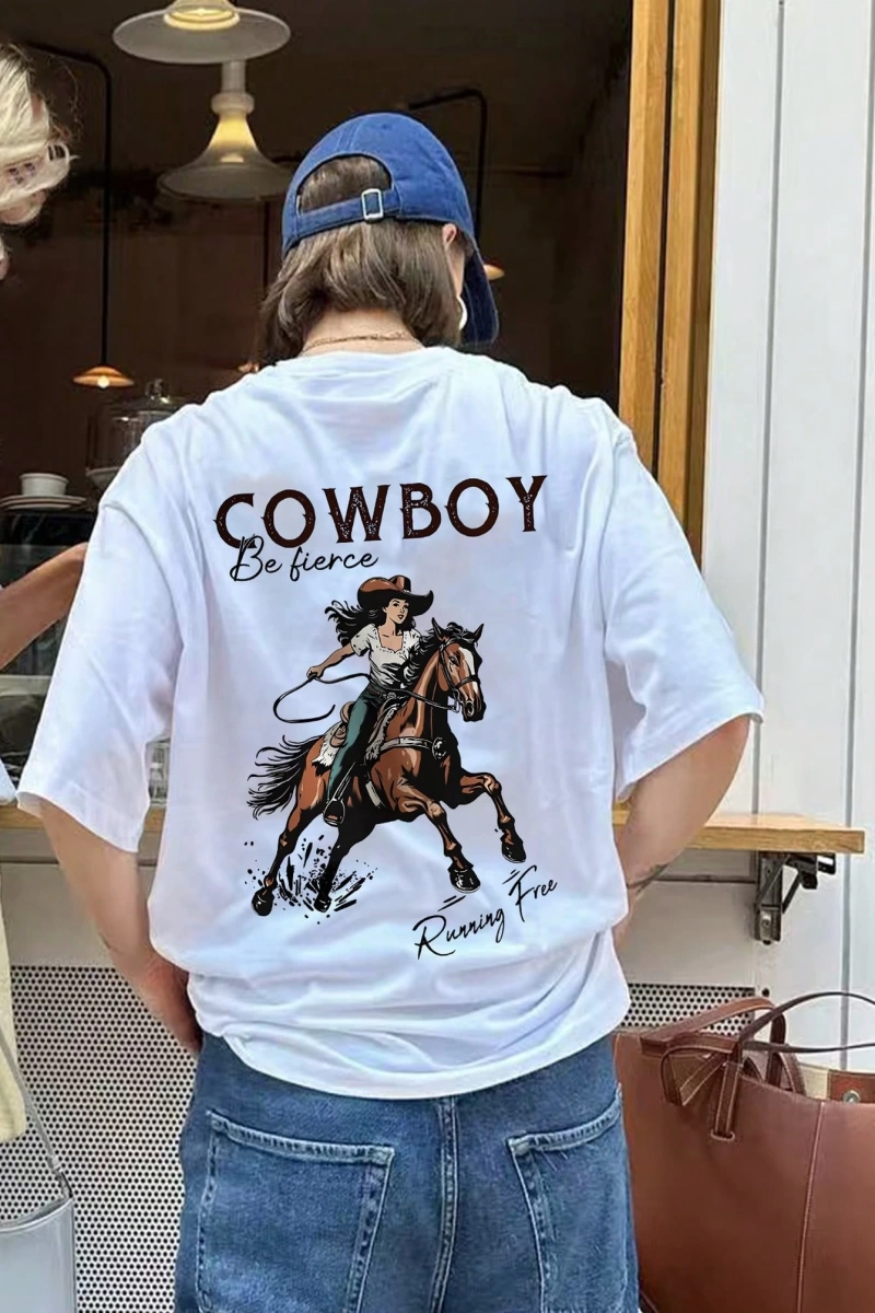 Kadın Amerikan Rider Baskılı Yuvarlak Yaka Kısa Kollu Tişört, Moda ve Çok Yönlü Günlük Yaz Üs