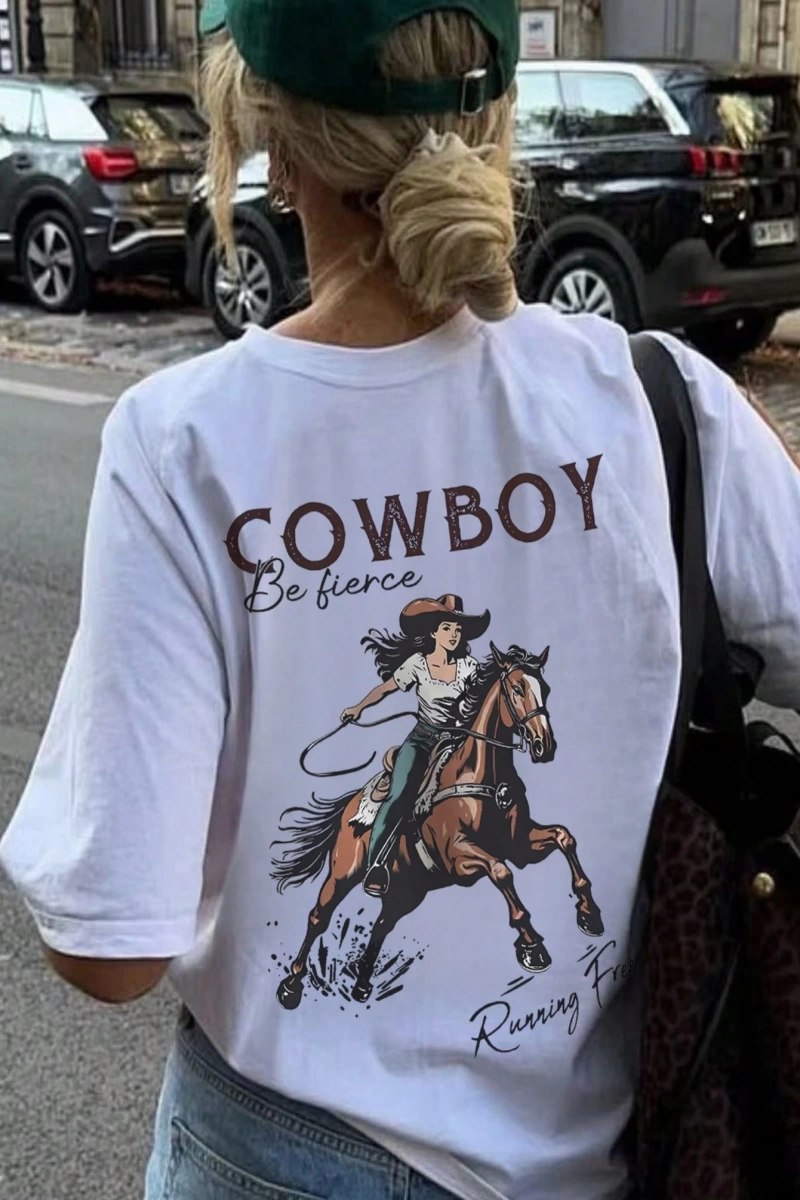 Kadın Amerikan Rider Baskılı Yuvarlak Yaka Kısa Kollu Tişört, Moda ve Çok Yönlü Günlük Yaz Üs