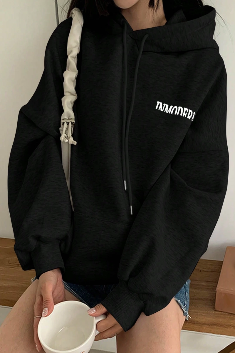 Kadın Basit Baskılı Kapüşonlu Sweatshirt, Siyah, Üç Çeyrek Kollu Üstler Model 5206