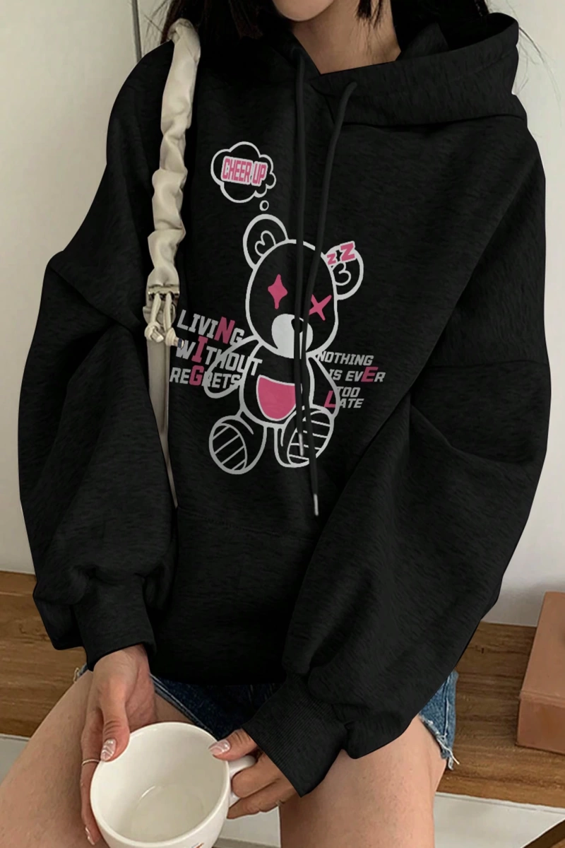 Kadın Basit Baskılı Kapüşonlu Sweatshirt, Siyah, Üç Çeyrek Kollu Üstler Model 5206