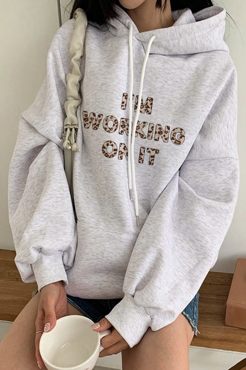 Kadın Basit Baskılı Kapüşonlu Sweatshirt, Siyah, Üç Çeyrek Kollu Üstler Model 5206