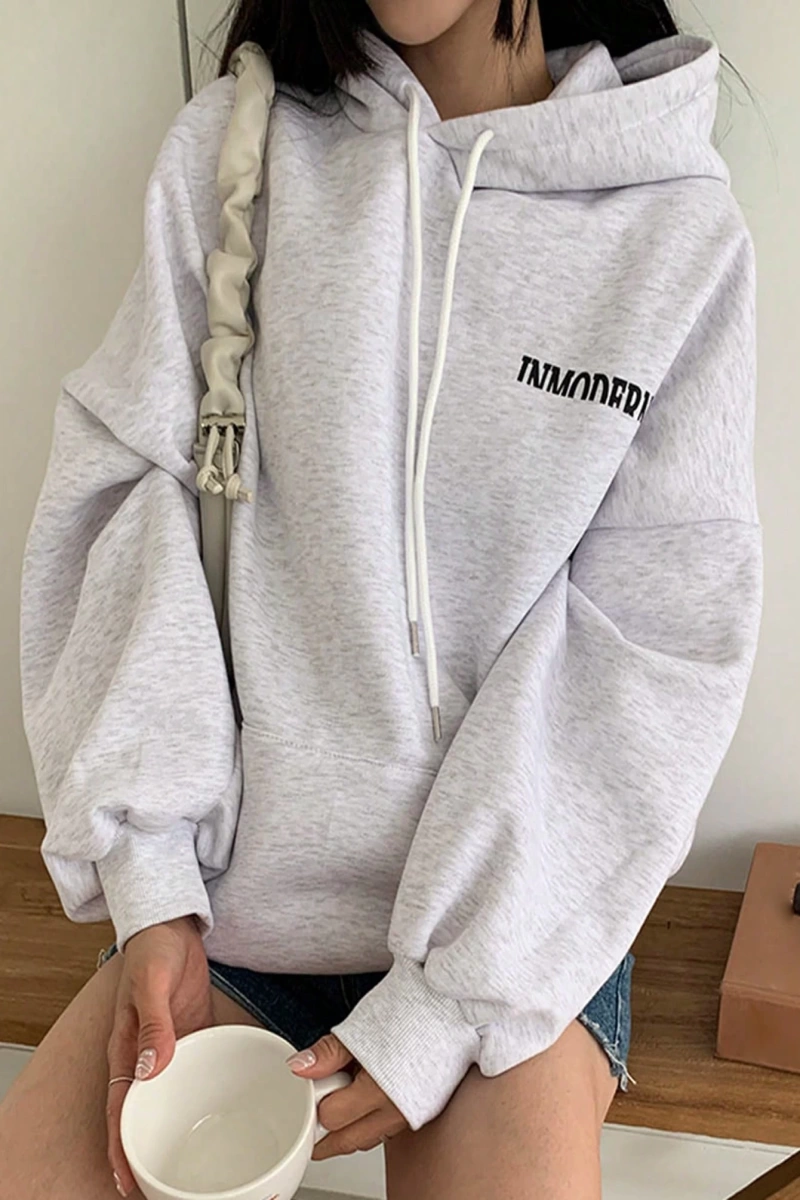 Kadın Basit Baskılı Kapüşonlu Sweatshirt, Siyah, Üç Çeyrek Kollu Üstler Model 5206