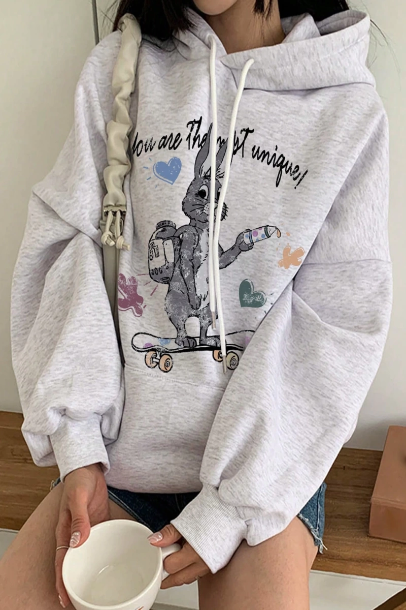 Kadın Basit Baskılı Kapüşonlu Sweatshirt, Siyah, Üç Çeyrek Kollu Üstler Model 5206