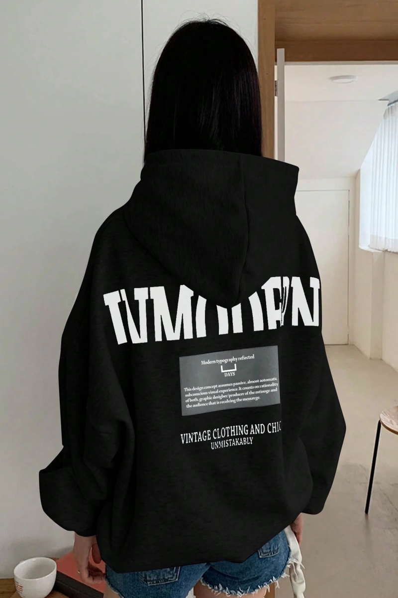 Kadın Basit Baskılı Kapüşonlu Sweatshirt, Siyah, Üç Çeyrek Kollu Üstler Model 5206