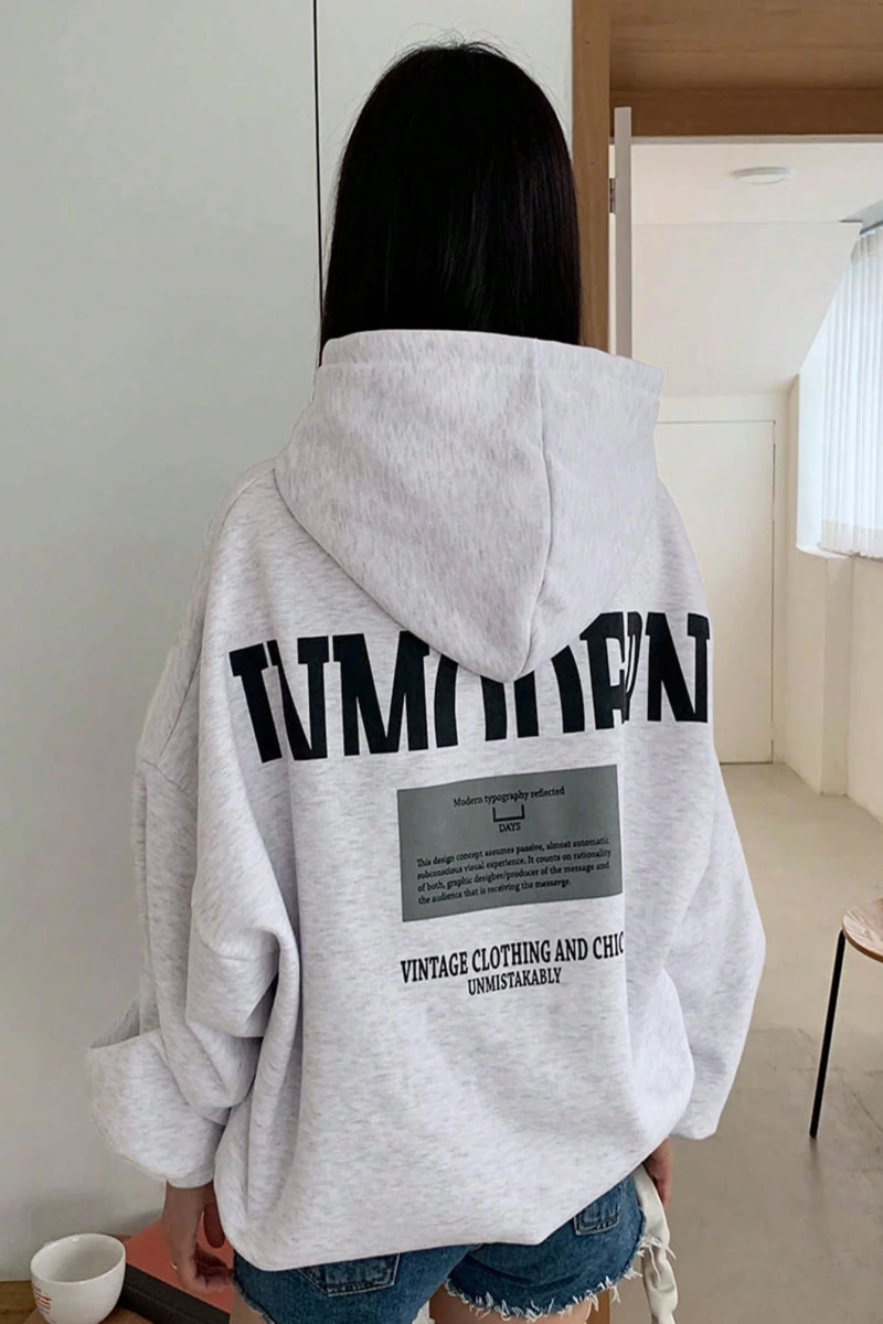 Kadın Basit Baskılı Kapüşonlu Sweatshirt, Siyah, Üç Çeyrek Kollu Üstler Model 5206