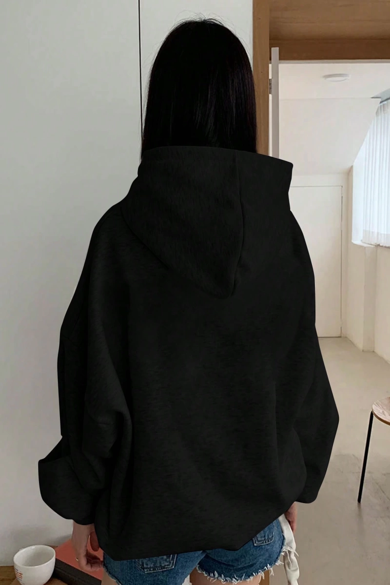 Kadın Basit Baskılı Kapüşonlu Sweatshirt, Siyah, Üç Çeyrek Kollu Üstler Model 5206