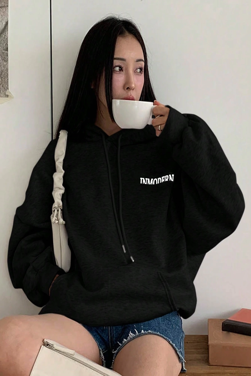 Kadın Basit Baskılı Kapüşonlu Sweatshirt, Siyah, Üç Çeyrek Kollu Üstler Model 5206