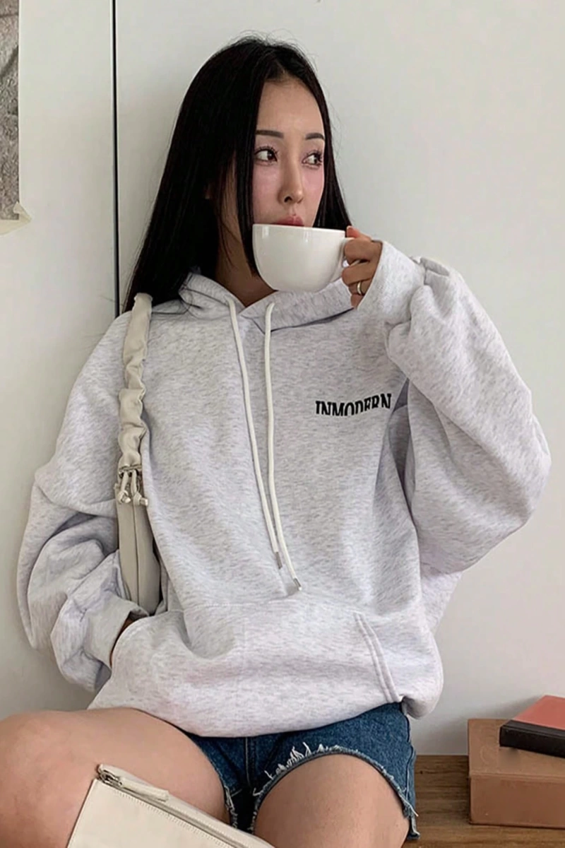 Kadın Basit Baskılı Kapüşonlu Sweatshirt, Siyah, Üç Çeyrek Kollu Üstler Model 5206