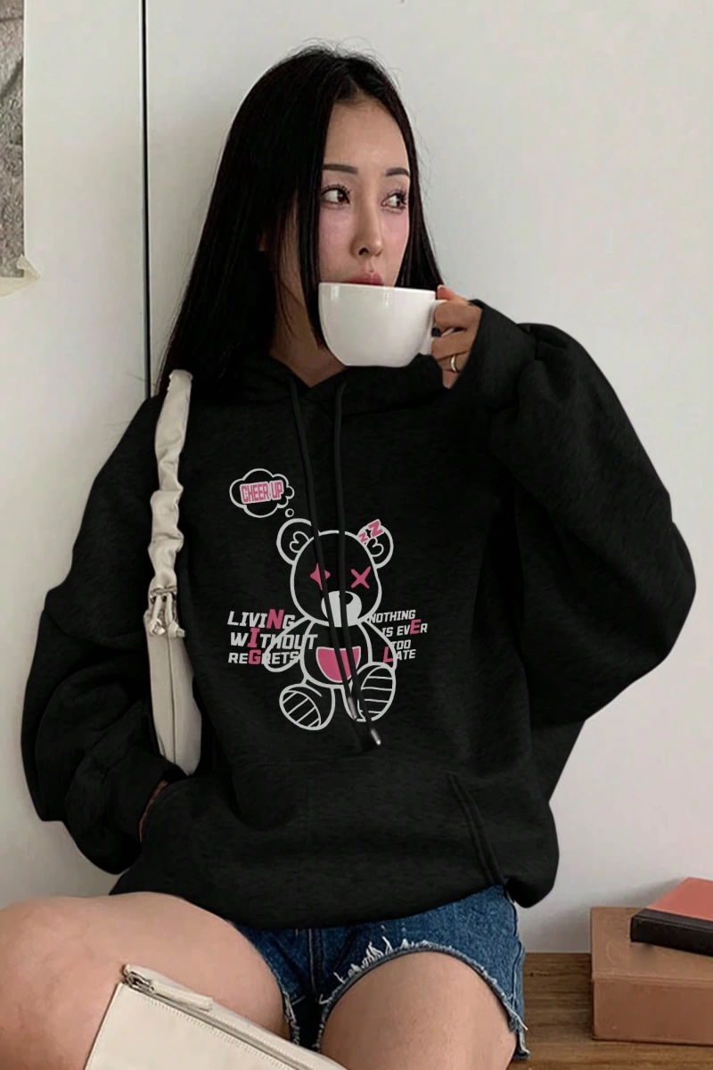 Kadın Basit Baskılı Kapüşonlu Sweatshirt, Siyah, Üç Çeyrek Kollu Üstler Model 5206